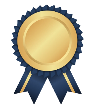 Graphic gold medallion with dark blue rosette and two blue ribbon tails